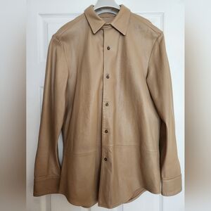 Luxury Tan Leather Button-Up Shirt Jacket
